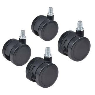 Four black desk casters: two locking and two non-locking