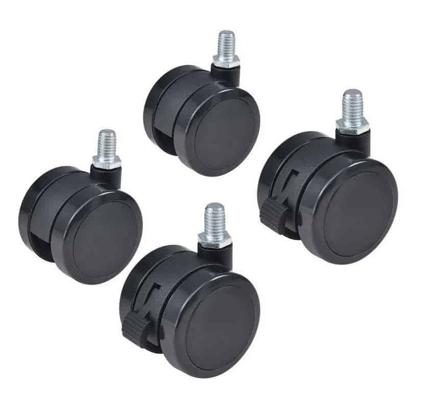 Four black desk casters: two locking and two non-locking