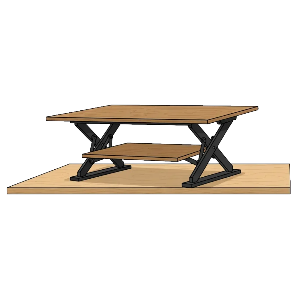 Illustration of a two-level standing desk converter on an existing desk