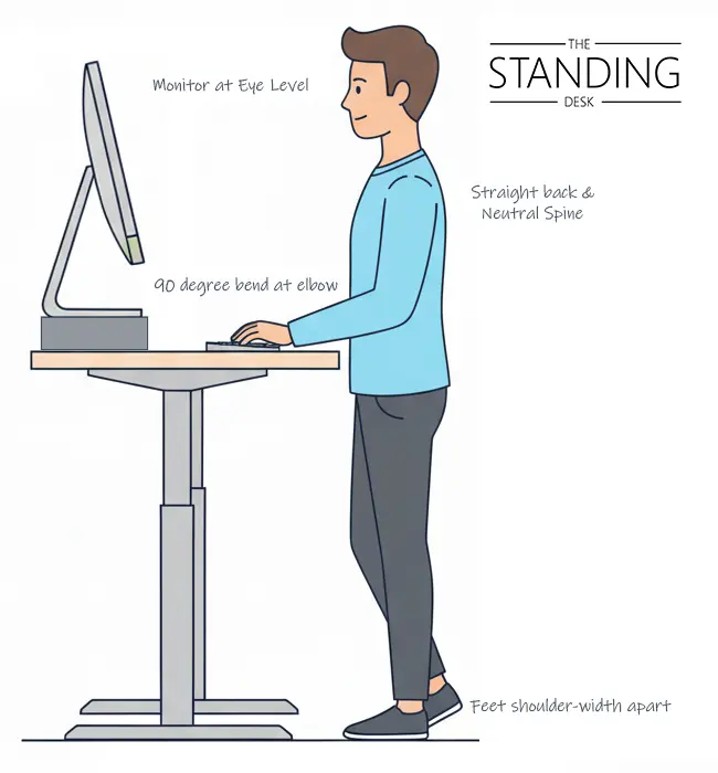 Standing desk ergonomics infographic showing monitor, posture, elbow, wrist, and foot placement