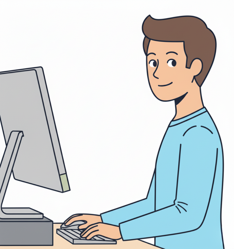 Illustration of a person working at a computer on a standing desk