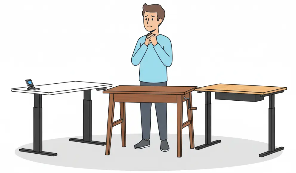 Illustration comparing pneumatic, manual crank, and electric standing desks