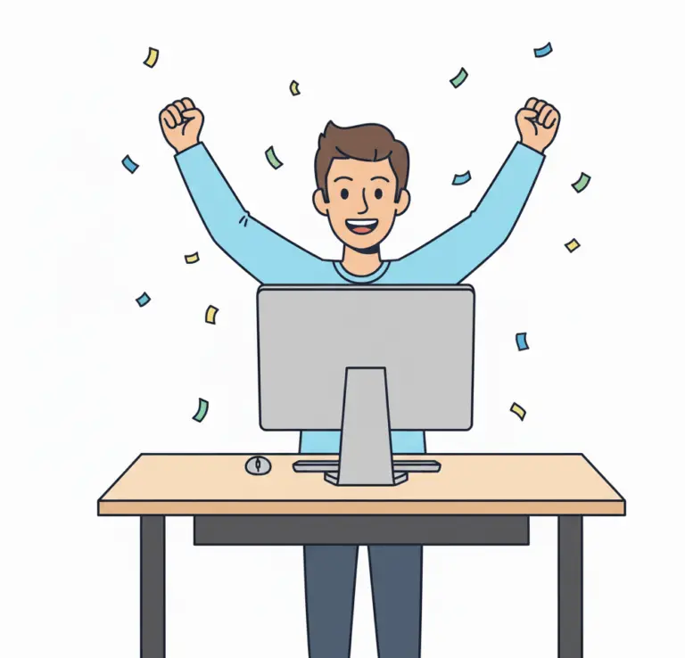 Illustration of a person celebrating while working at a standing desk