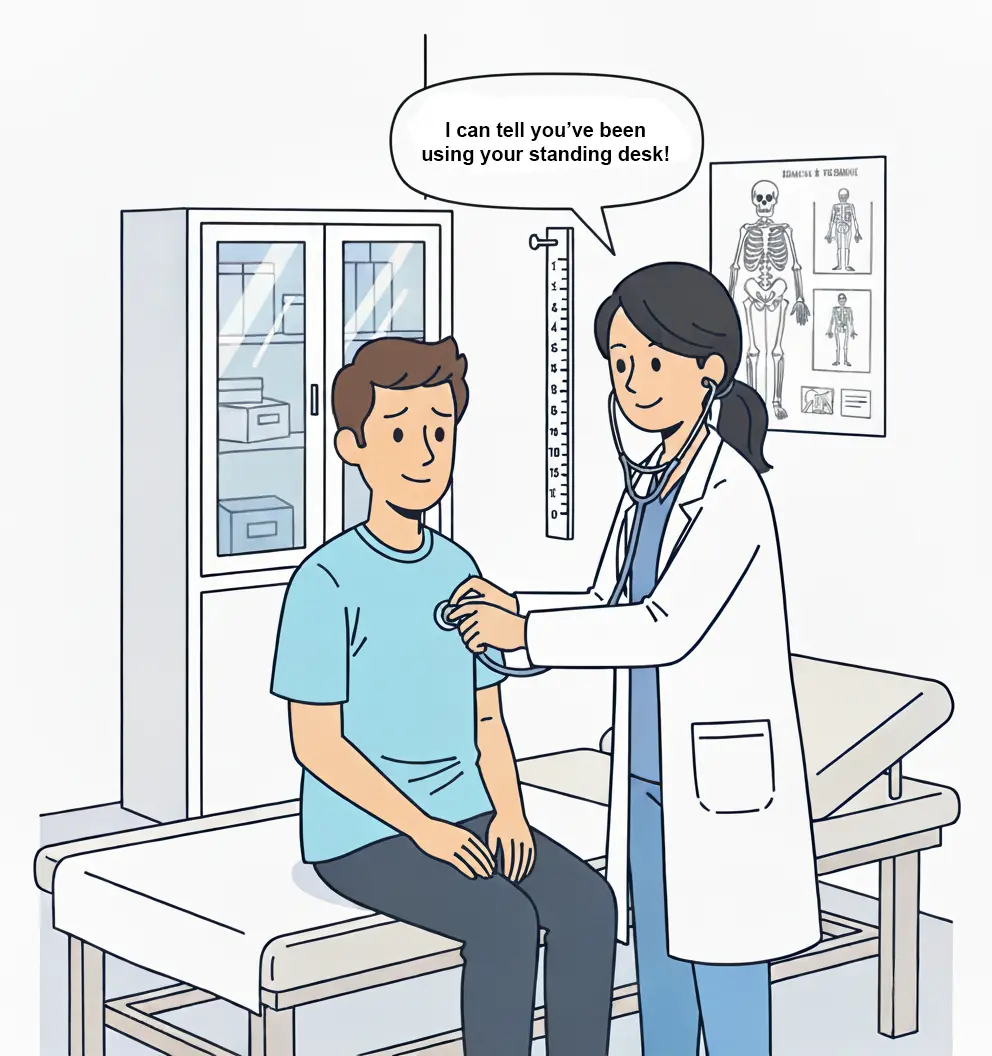 Illustration of a clinician speaking with a person who uses a standing desk