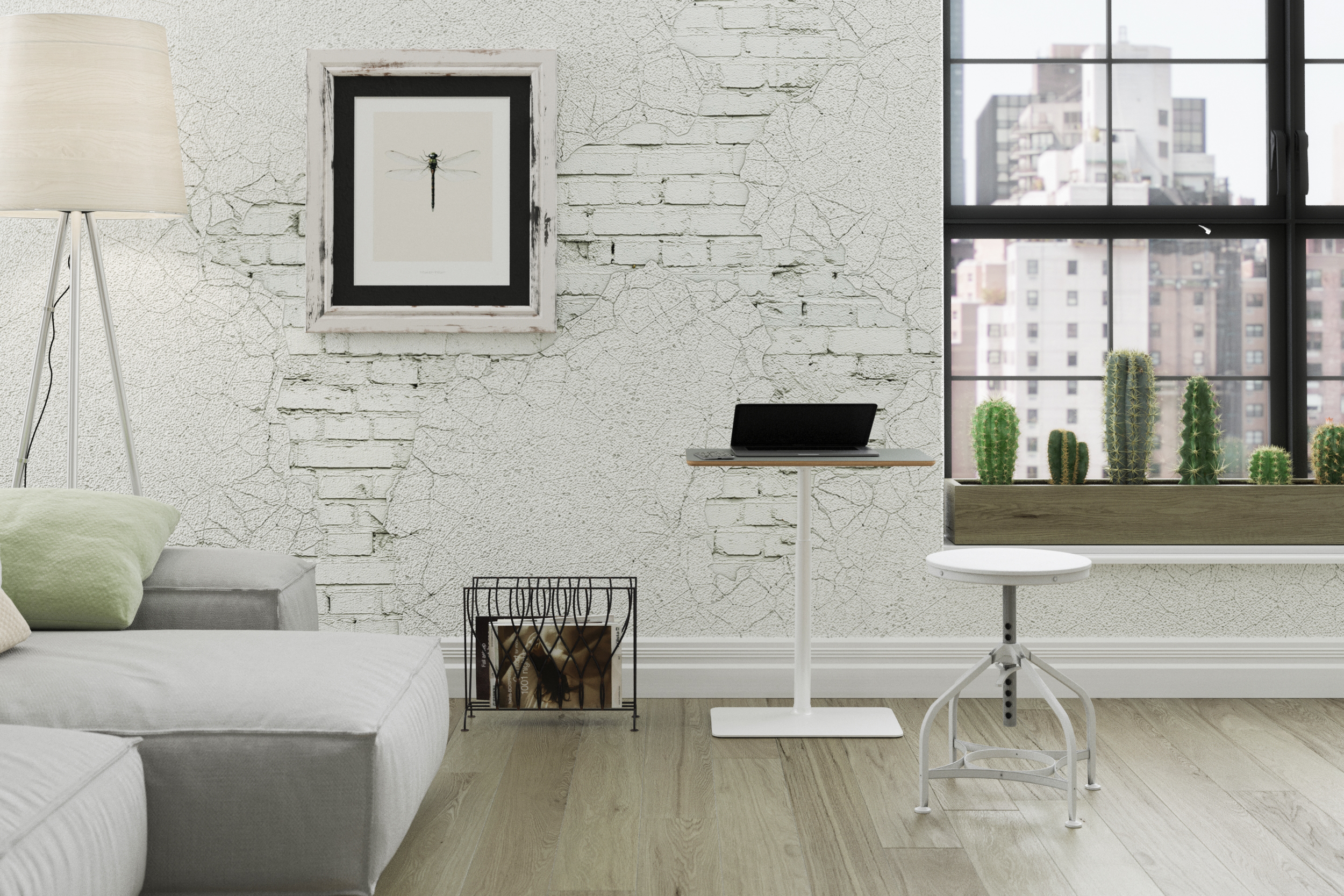 White Möbel compact desk beside a chair in a living room