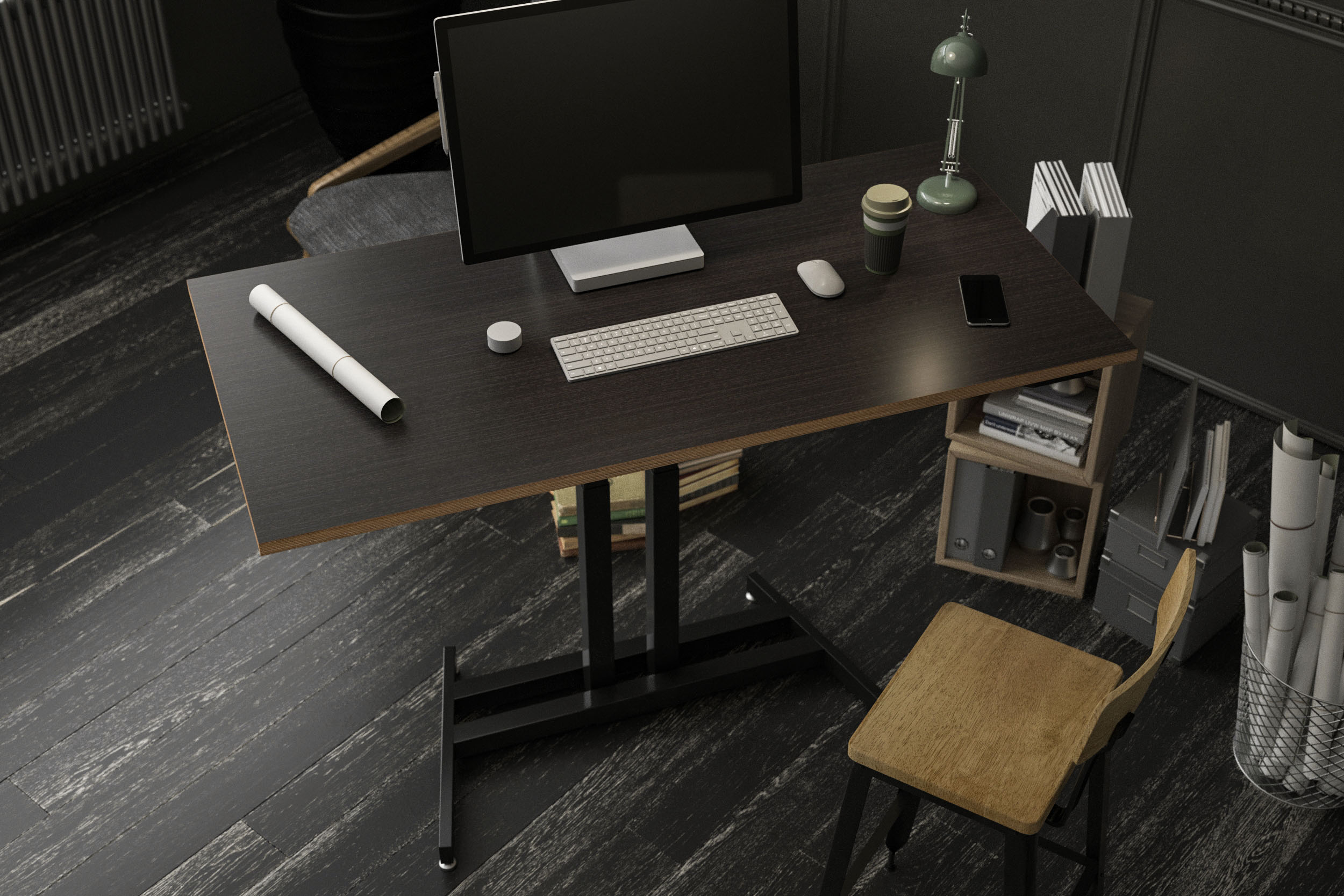 Overhead view of a black Lüften standing desk arranged for computer work