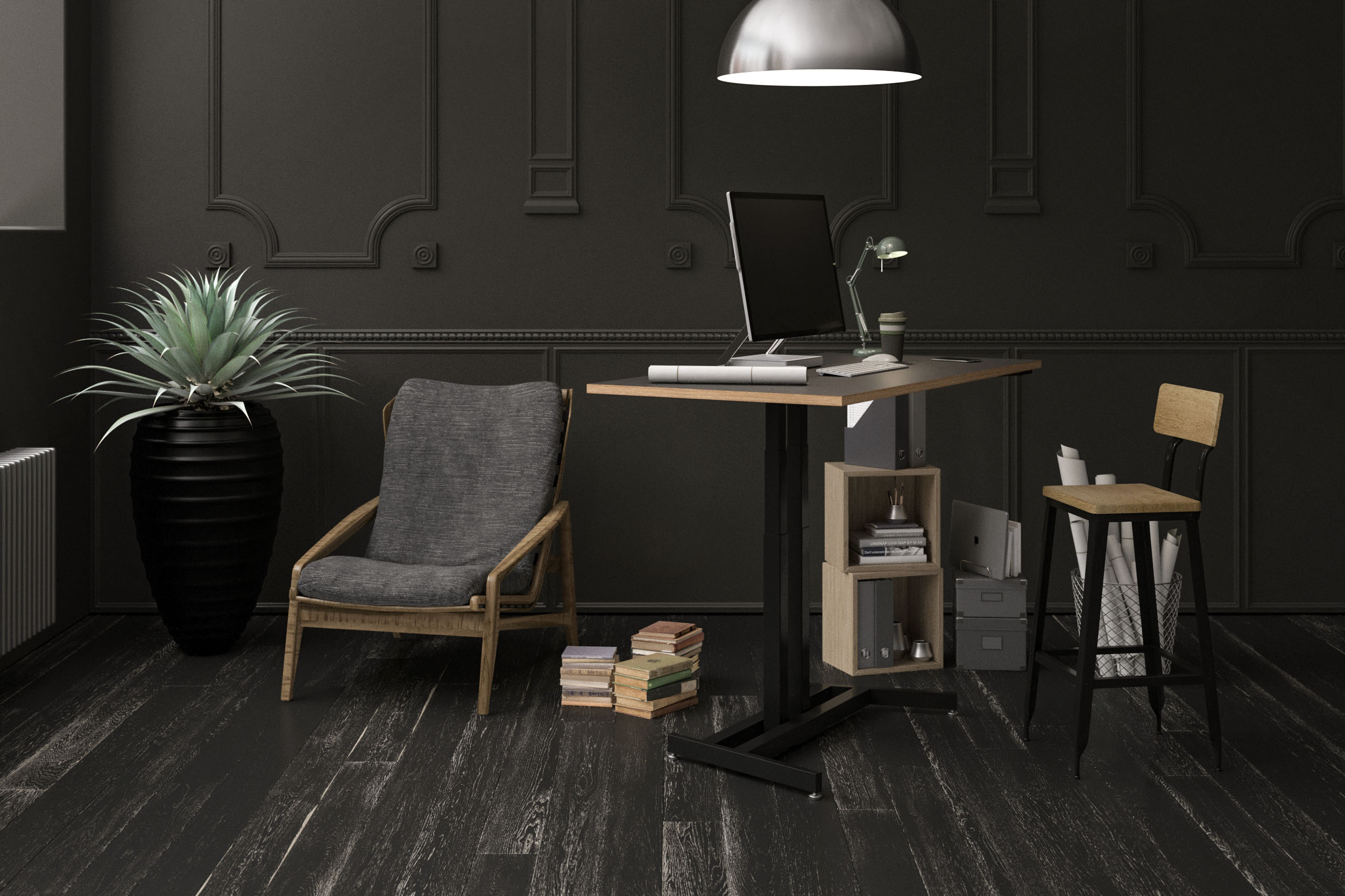 Black Lüften standing desk with a monitor in a dark home office
