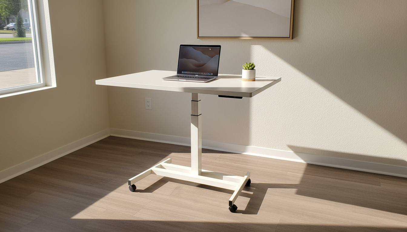 White Ändern standing desk in a sunlit compact workspace