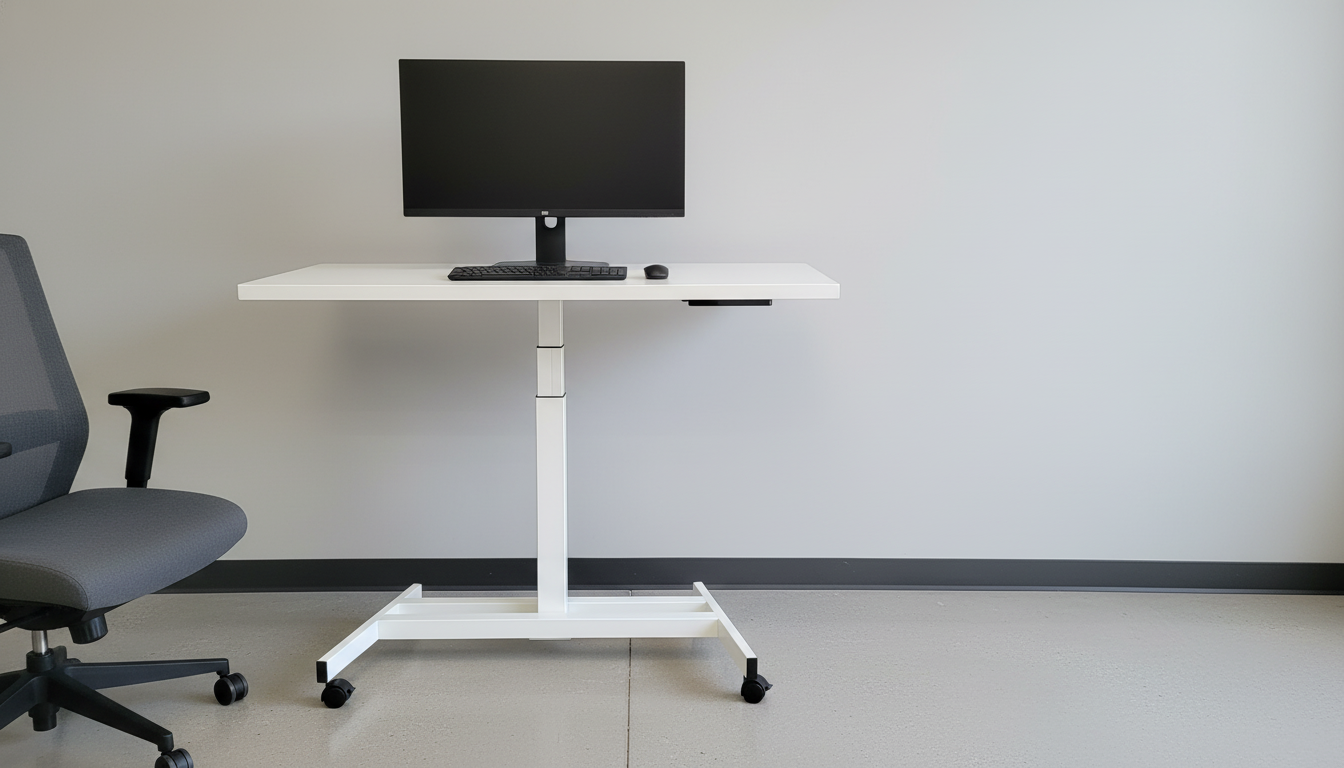 White Ändern standing desk with a monitor in a compact office