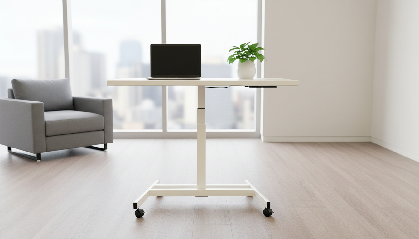 White Ändern standing desk in front of a large office window