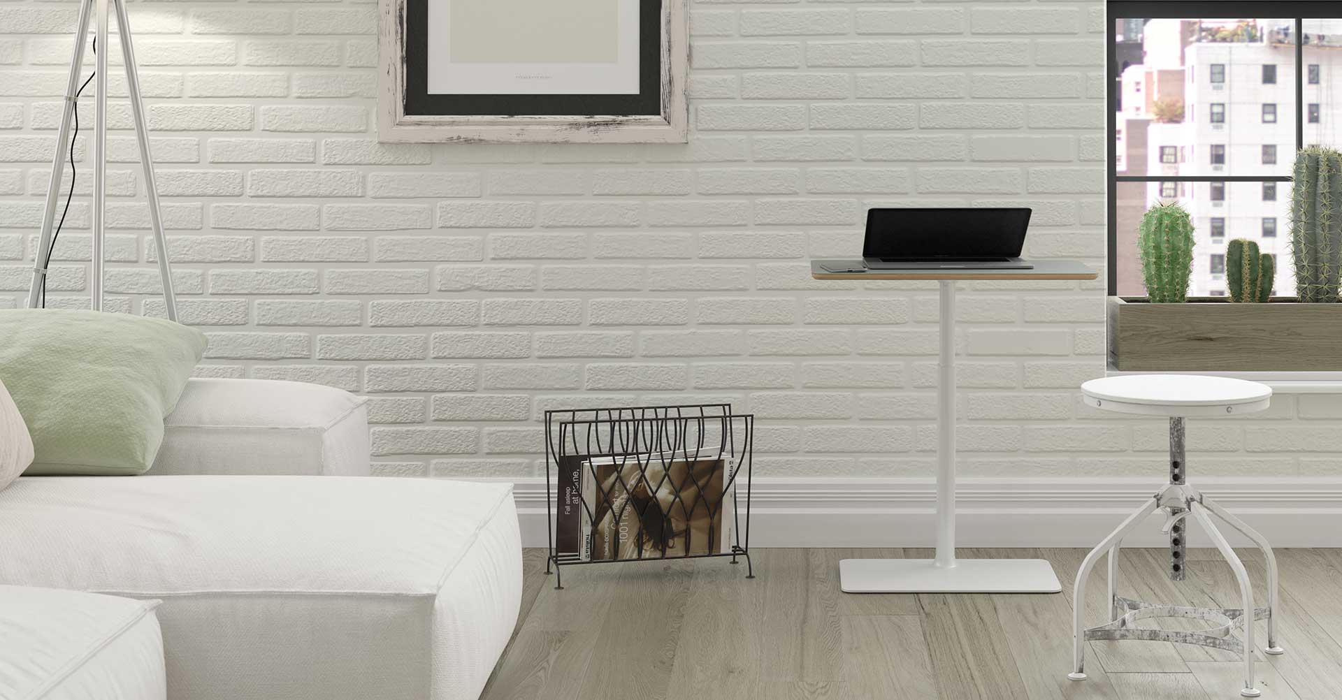 White Möbel compact standing desk with a laptop in a living room
