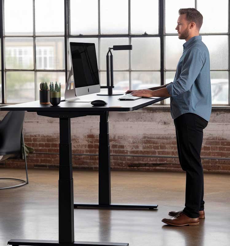 Person standing at a black Recken electric desk in an office