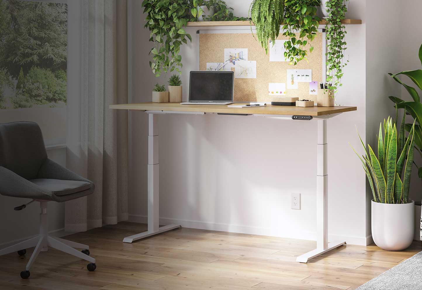 White Recken desk with its preset control pad visible below the work surface